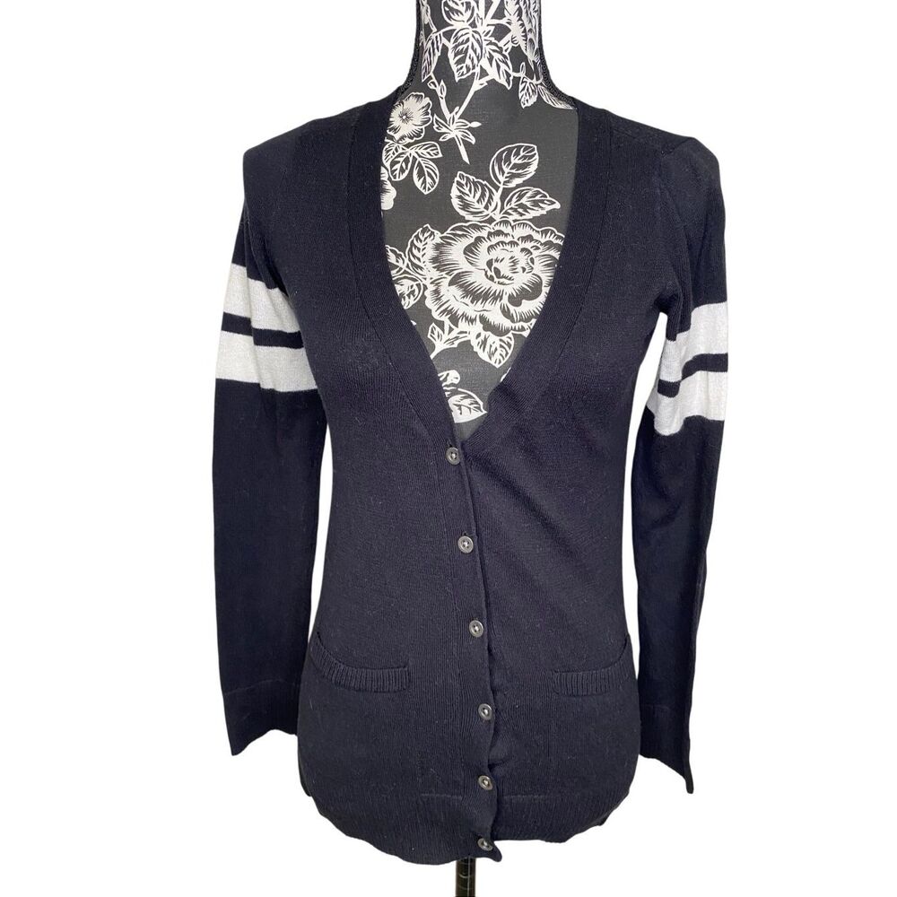 SO Perfect Cardigan Black White Stripe Button Front Lightweight Sweater XS